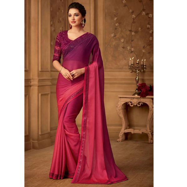 Fuchsia Color Chiffon Embroidered Border TFH Sandalwood Desinger Party Wear Saree SW 516