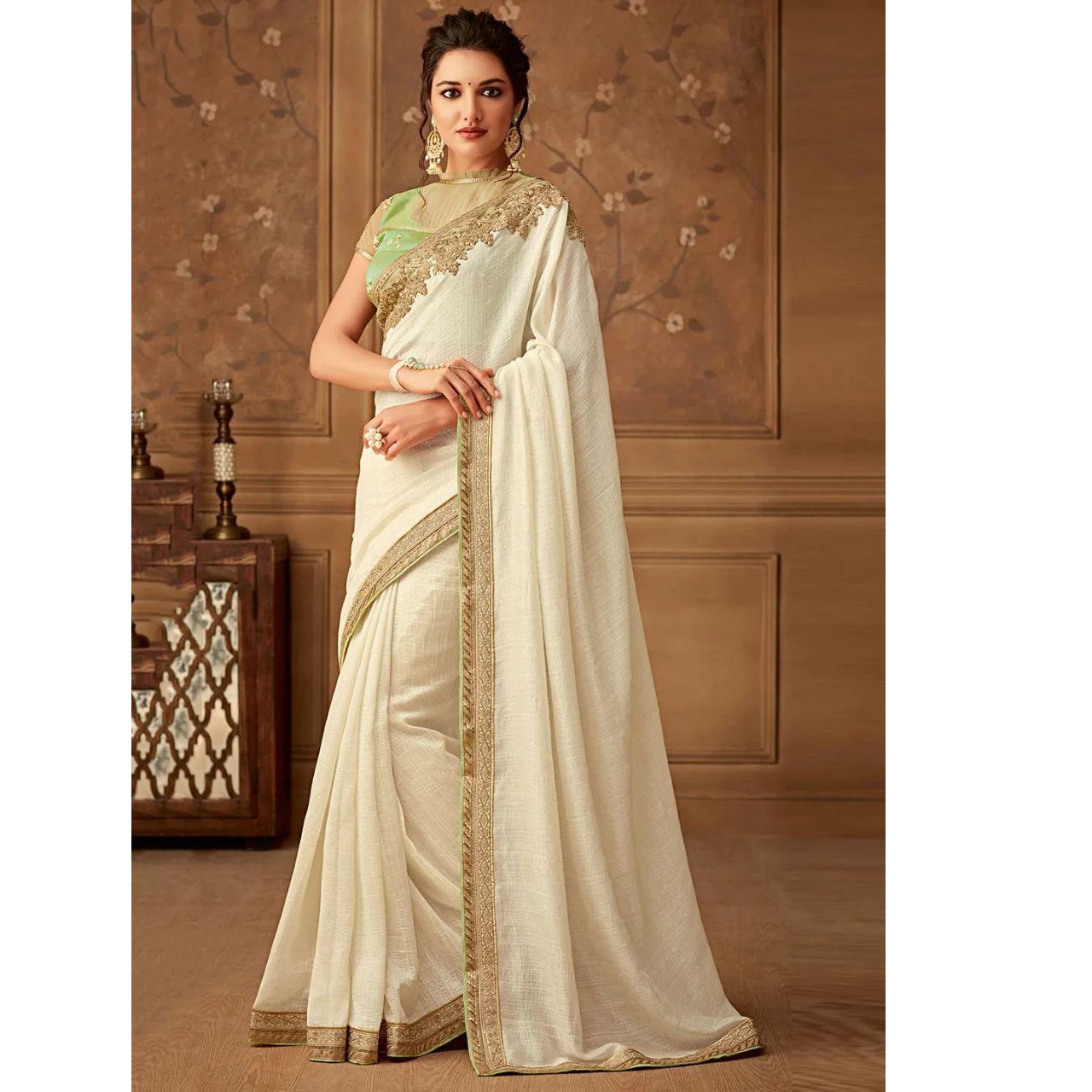 Kerala off-white with silver zari border semi tissue handwoven and hand  painted floral designed saree