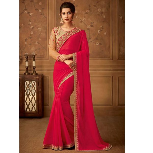 Net Party Wear Saree in Red and Maroon with Thread work | Cores