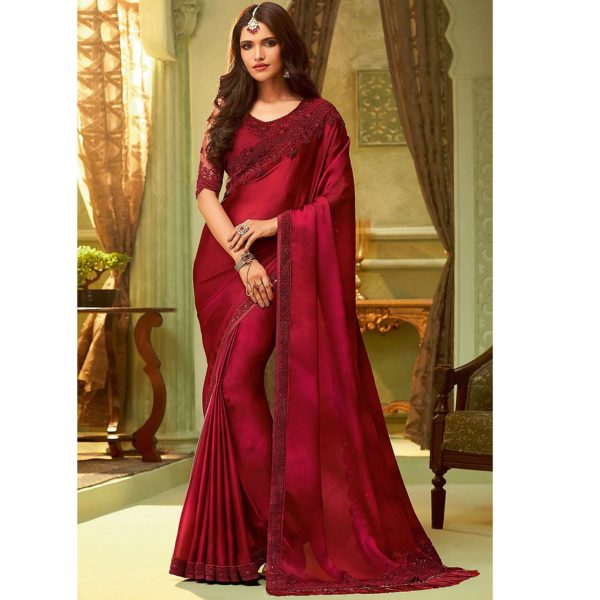 Semi raw silk saree maroon with box type butta prints and temple desig –  Cherrypick