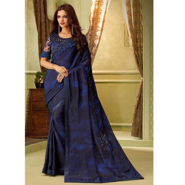 Navy Blue Art Silk Embroidered Border TFH Silver Screen Party Wear Saree 23014