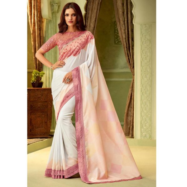 Off White Art Silk Embroidered Border TFH Silver Screen Party Wear Saree 23005