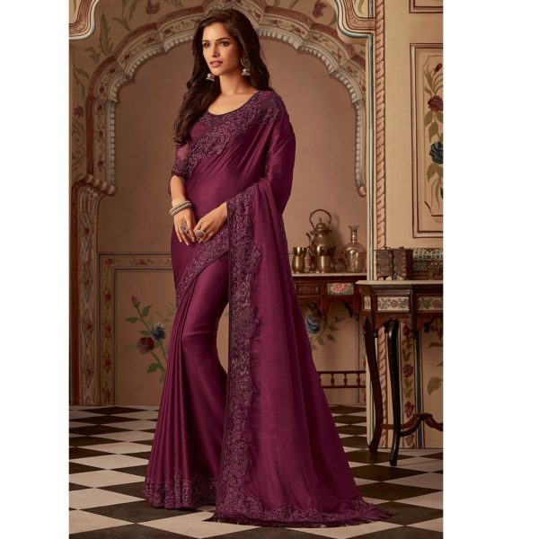 Wine Elegant Designer Party Wear Two Tone Silk Saree – Fashionfy