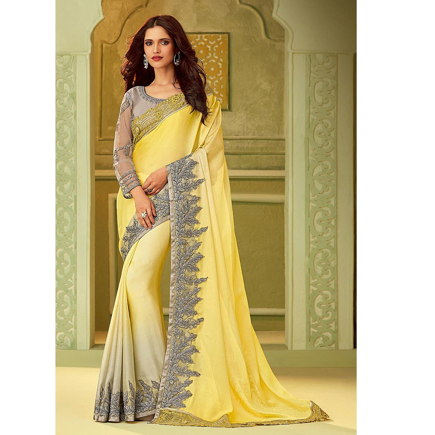 Traditional Designer Party Wear Yellow Satin Saree With Embroidery Border.  at Rs 1407.00, Fancy Sarees
