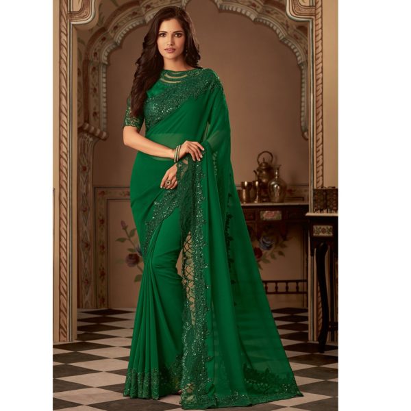 Dark Green Embroidered Border Georgette Anmol Shades Designer Saree 1606