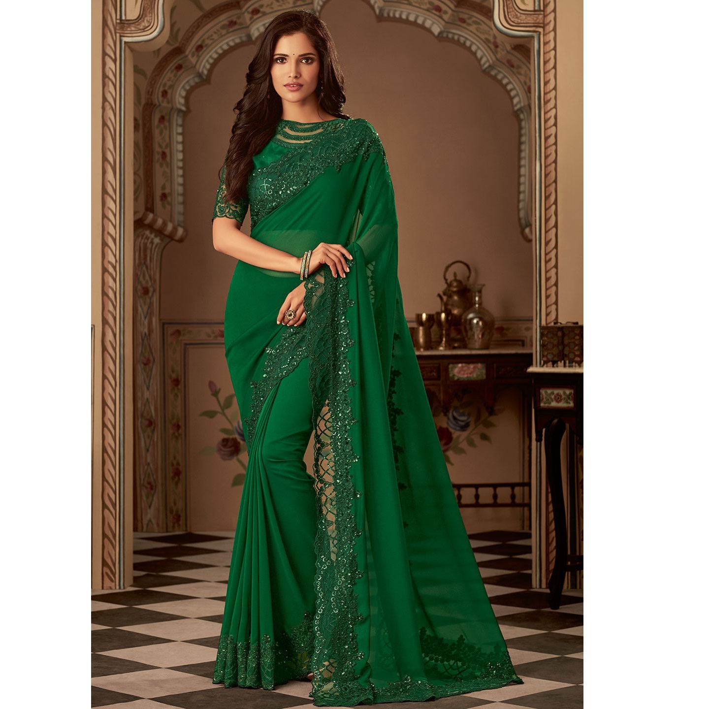 Green Designer Chinon Saree With Unstitched Blouse – Odette