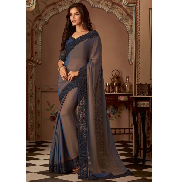 Grey Dark Blue Dual Tone Embroidered Border Chiffon Anmol Shades Designer Saree 1605