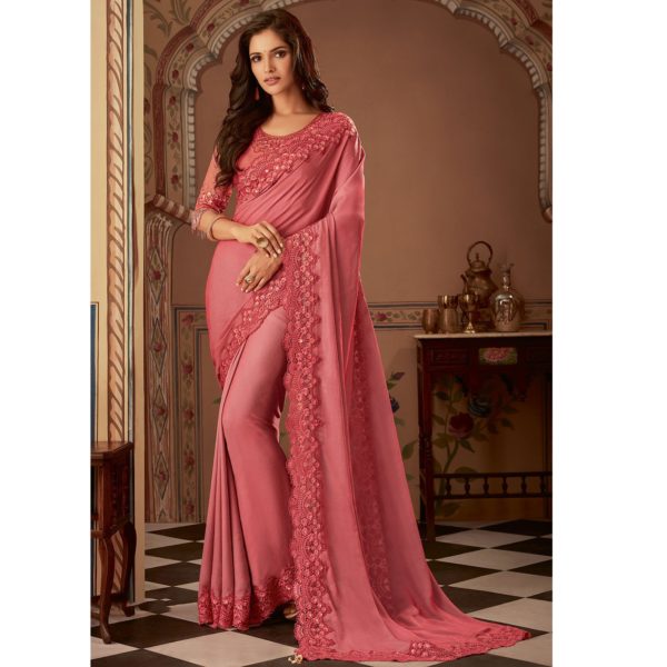 Hot Pink Shade Kantha Stitch Semi Assam Silk Saree - Pleasant Feather