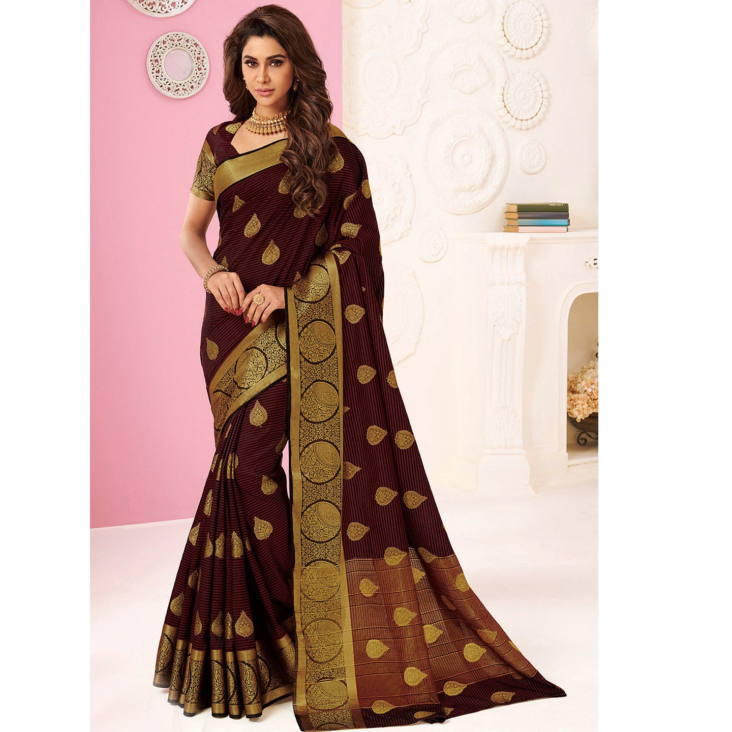 Maroon And Black Color Rajguru Heena Raw Silk Saree 1554