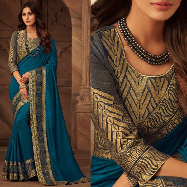 Teal Blue Embroidered Art Silk Anmol Aura Designer Saree 1910