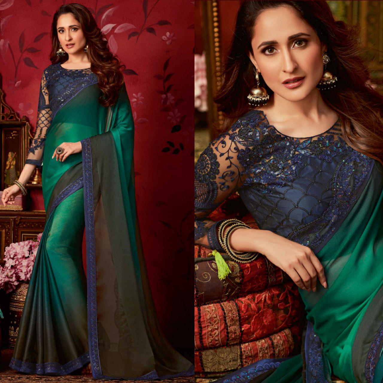 Chiffon Saree in Green with Plain