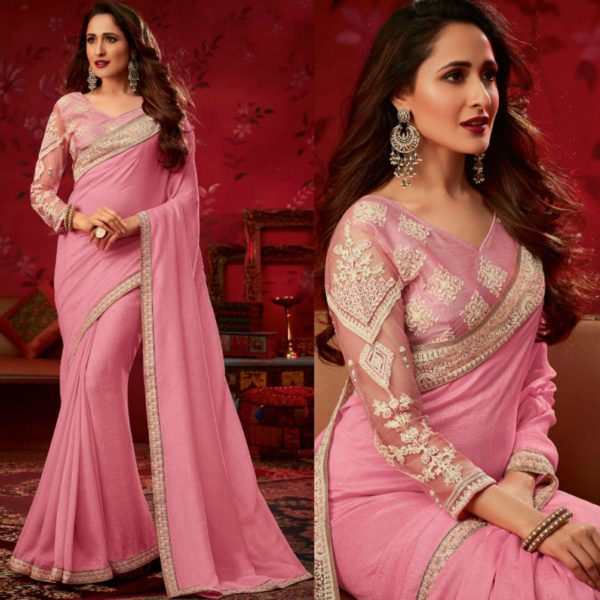 Light baby pink plain pure satin saree with blouse - Teeya Creation -  4103728
