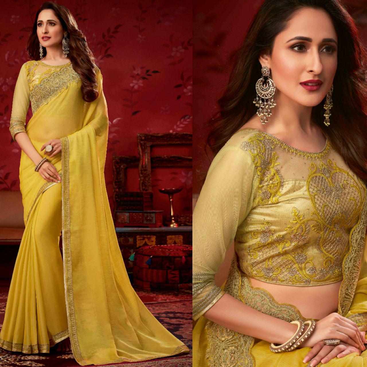 Yellow Georgette Plain Saree with Heavy Embroidery Blouse | Indian Fes –  HATKE BRIDE