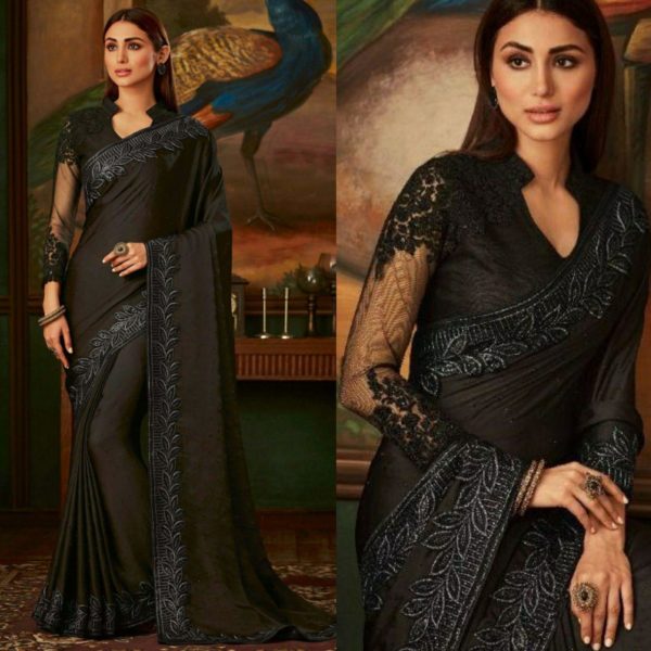 Soft Net Black Embroidered and Stone work Saree With Blouse