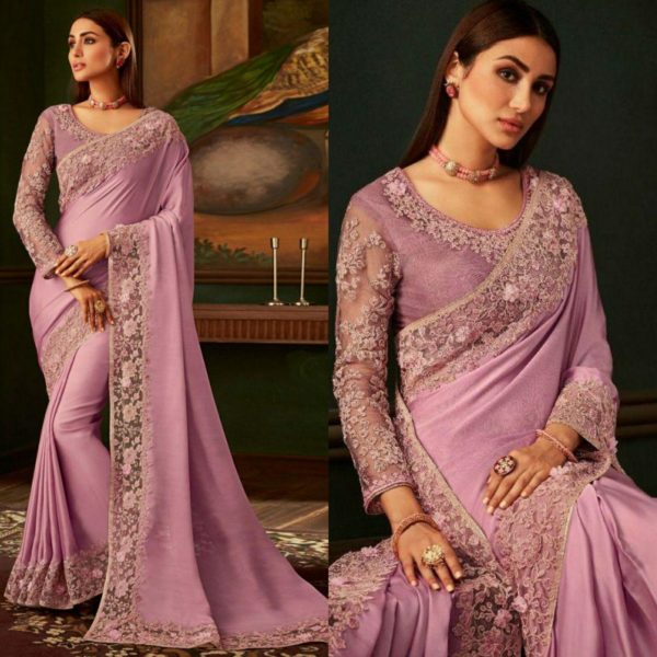 Pink Pastels Shades Satin Georgette Resham Applique Embroidered Border Party Wear Designer Saree 1815