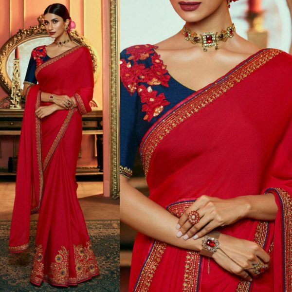 Buy Red Stone Work Satin Saree Online - Ready To Ship