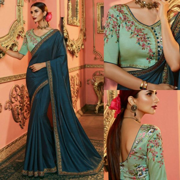 Teal Blue Art Silk Ardhangini Fiona Designer Resham Zari Stone Work Saree WF0112