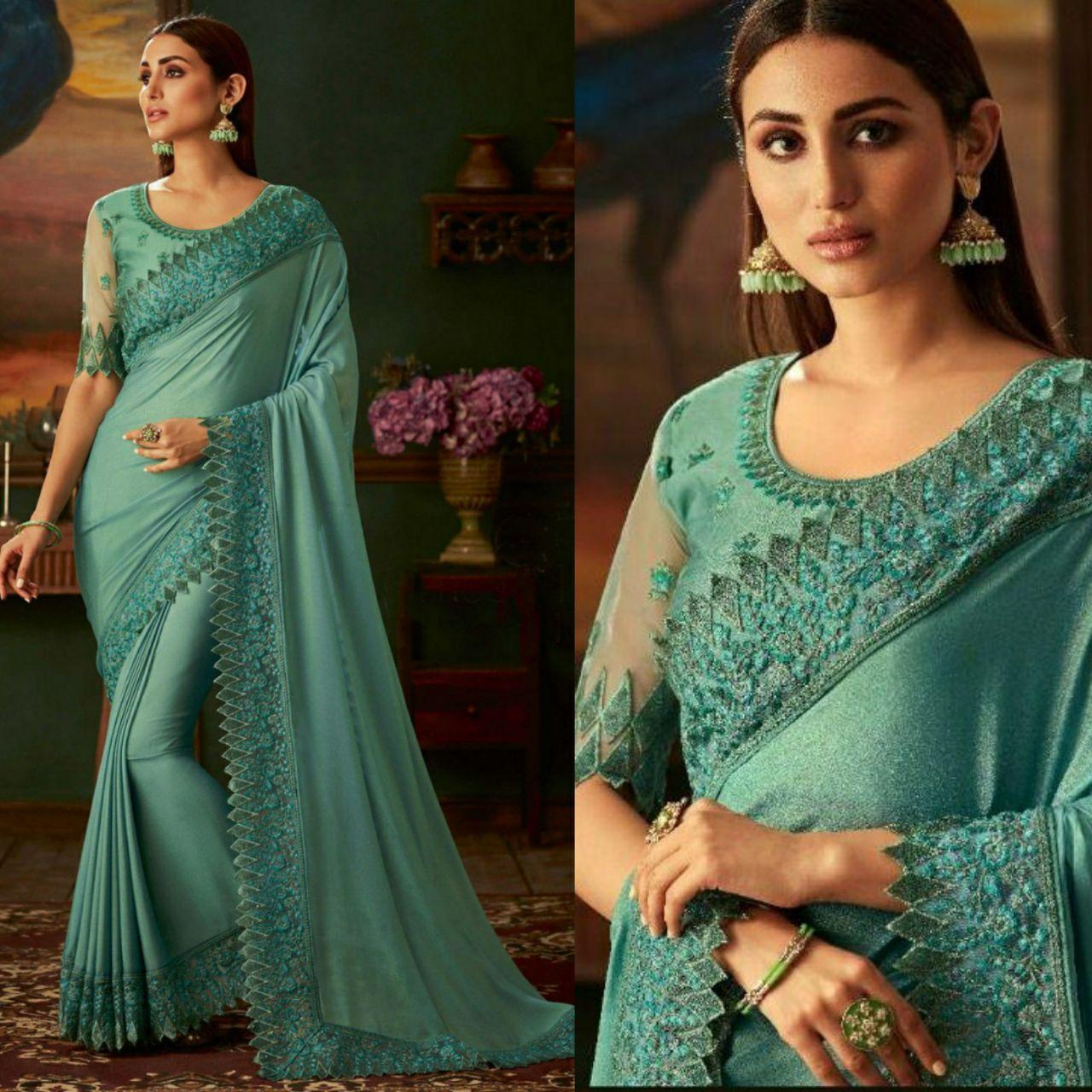 Radiant Banarasi Silk Fabric Festive Look Cyan Color Saree | Saree designs,  Blue silk saree, Party wear indian dresses