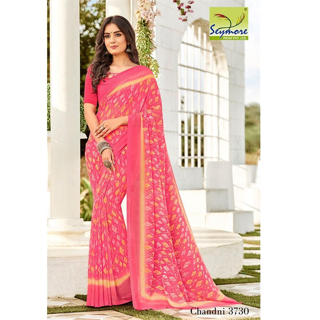 Vishal Prints Pastel Red Patterned Chiffon Digital Print Saree