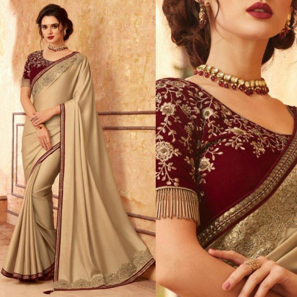 Beige Satin Embroidered Border TFH Silver Screen Party Wear Saree 24004