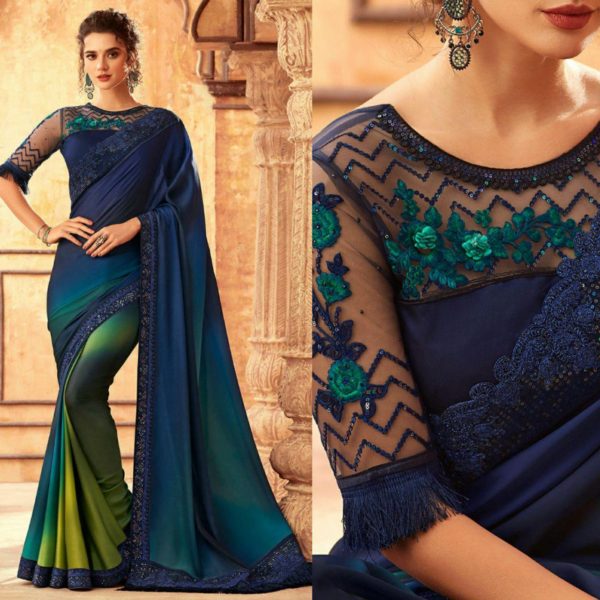 Dark Blue And Multi Color Ombre Satin Georgette TFH Silver Screen Party Wear Saree 24008