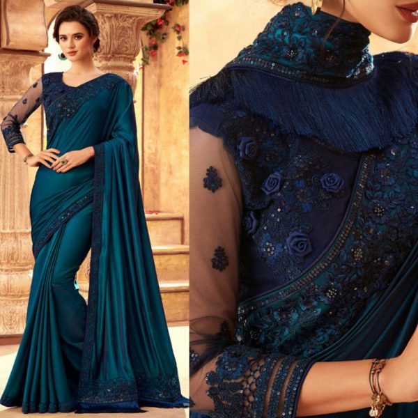 Dark Teal Blue Art Silk Embroidered Border TFH Silver Screen Party Wear Saree 24018