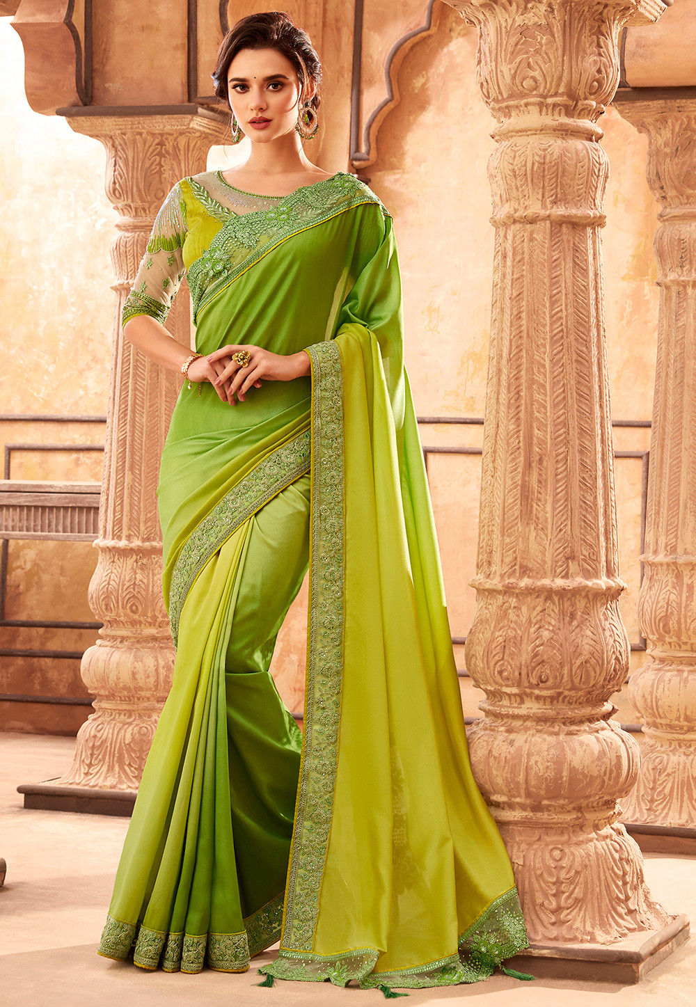 Green Party Wear Jaanvi Fashion Silk Saree Cham-2048_Green, With