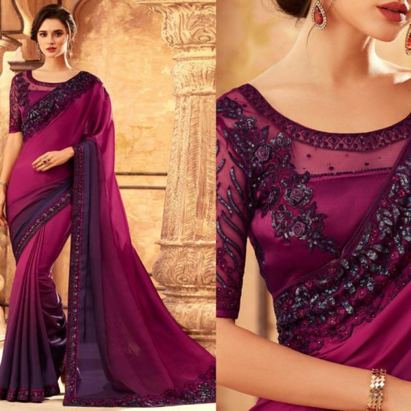 Magenta Ombre Satin Georgette TFH Silver Screen Party Wear Saree 24017