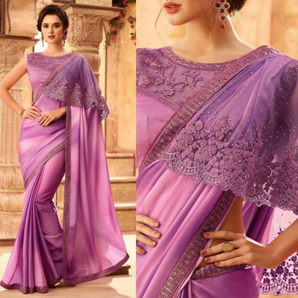 Purple Satin Georgette Cape Style Pallu Embroidered TFH Silver Screen Party Wear Saree 24005