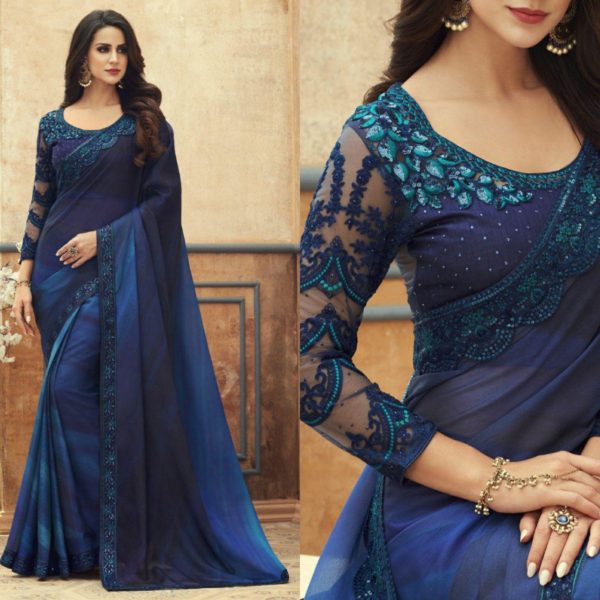 Ombre and Blue Chiffon Anmol Elegance Party Wear Saree 1102