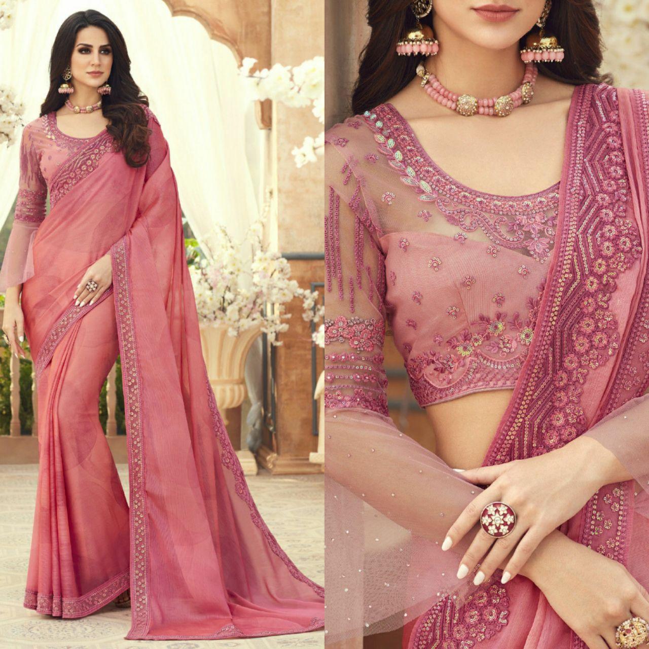 Pink Designer Party Wear Chiffon Saree